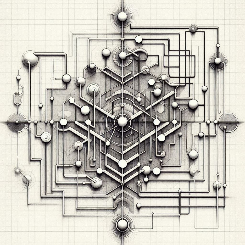 a mysterious raised embossed white symbol on a pale yellow field. the symbol is like nothing to be compared to: a complex crop circle? a circuit board? a hindu mandala? a diagram made of lines and balls connecting all kinds of ways left and right and up and down and a few diagonal. The pattern is beautifully ordered like it has an alien meaning no human could decipher.