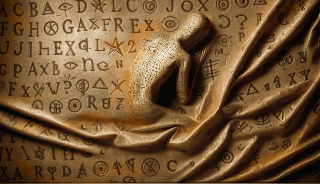 a strange sort of papyrus but curving along the bottom heavily creased like coppery cloth. unknown symbols are written on it in lines like text. The figure of a person from waist to head emerges out of the papyrus cloth; onl their back is visible and naked and one arm is bent with hand to unseen face.